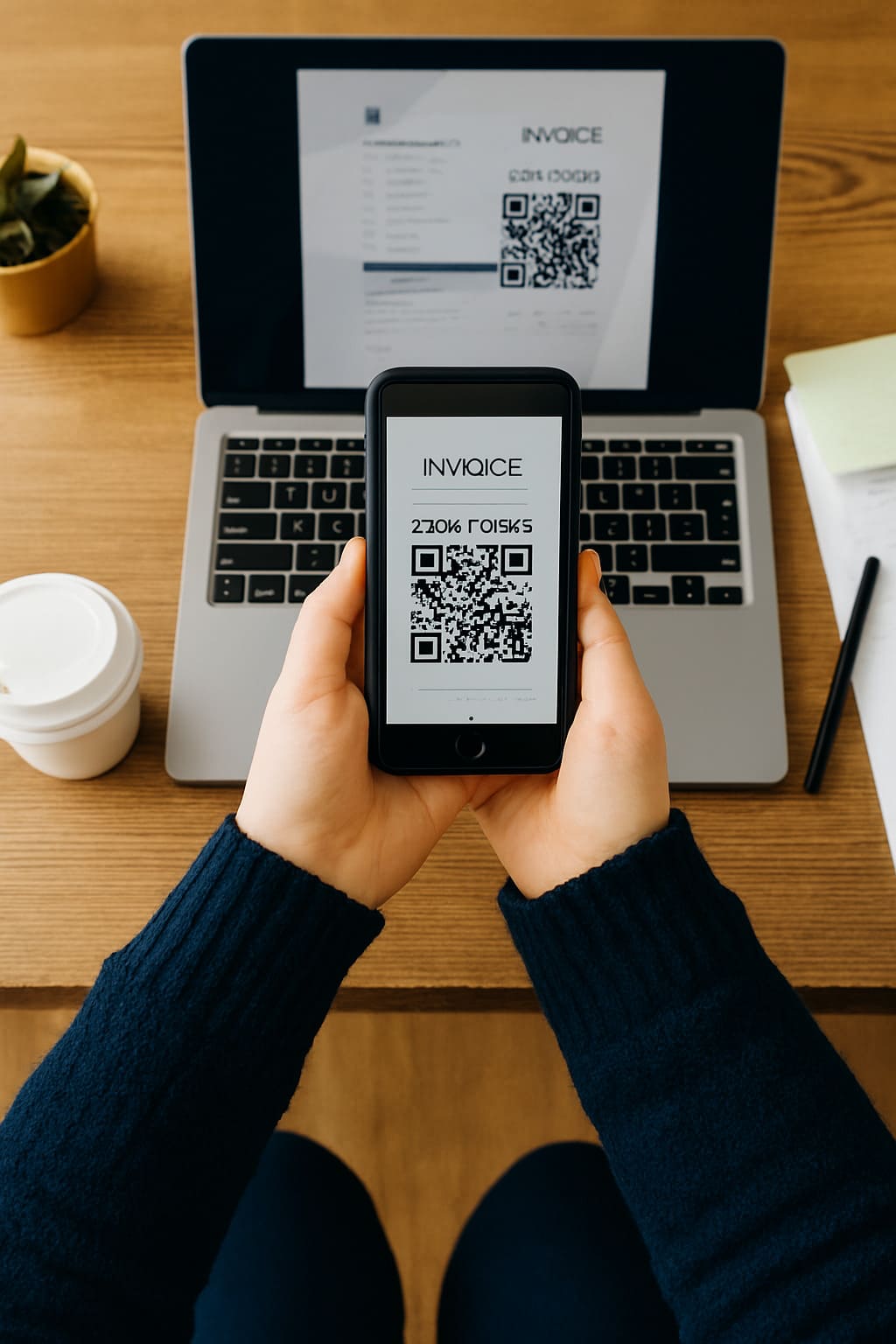 Persona verificando una factura digital con código QR Verifactu en su smartphone.